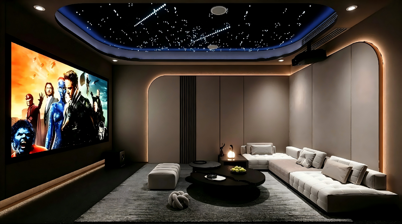 Residential Home Cinema Wall System featuring dynamic lighting and premium leather surface veneers