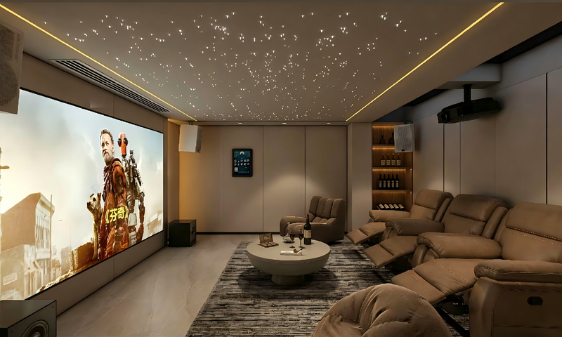 Private Residential Media Room Wall Decor System featuring premium leather and fabric acoustic panels with integrated ambient lighting