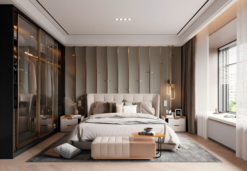 Modern Style Bedroom Accent Wall with Premium Surface Finishes and Metallic Trim