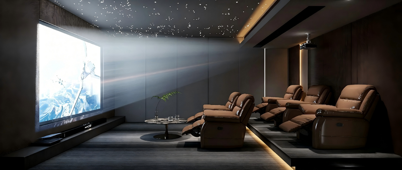 Private Home Media Room Wall System featuring integrated lighting and sound-absorbing 3D panels