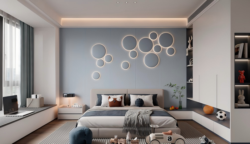 Premium solid color leather children's room accent wall with integrated ambient lighting and rounded contours